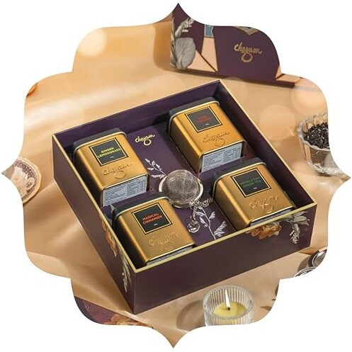Chayam Tea Tranquility Gift Hamper | Premium Loose Leaf Blends With Stainless Steel Infuser | Kashmiri Kahwa, Masala Chai, Himalayan Green, Ginger Lemongrass | Luxury Wellness Gift Set For MotherS Day, Corporate Gifting & More