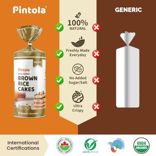 Pintola Organic Brown Rice Cake - All Natural (Unsalted, Pack Of 2) (130 G X 2), Gluten-Free Snack For Weight Loss, Made With 9 Wholegrains, Soy And Yeast-Free, Taste Best With Peanut Butter, Low Fat, 30 Calorie Per Cake