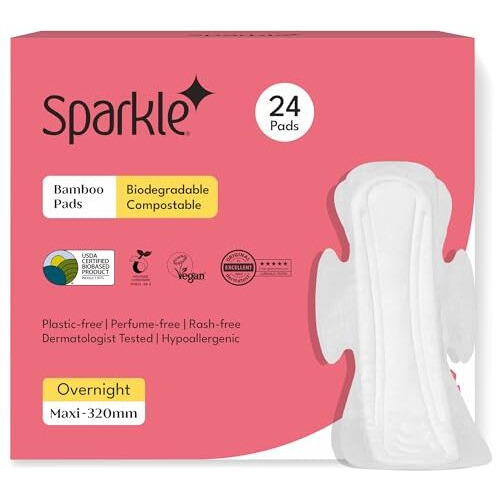 Sparkle Bamboo Maxi Pads | Plant Based Sanitary Pads For Women | Super Soft & Leak-Proof Sanitary Pads With Wings | Usda Certified Biobased, Chlorine-Free, Hypoallergenic | Overnight, 24 Count