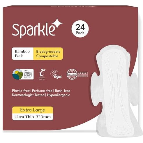 Sparkle Bamboo Ultra Thin Pads | Plant Based Sanitary Pads For Women | Thin, Flexible, & Leak-Proof Sanitary Pads With Wings | Usda Certified Biobased, Chlorine-Free, Hypoallergenic | Extra Large 24 Count