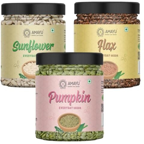 Amayu Healthy Raw Seeds Combo Pack | Pumpkin Seeds, Flax Seeds, Sunflower Seeds (200 Gm X 3) Immunity Booster | Healthy Snacks | Diet Food | Seeds For Eating (Pack Of 3)