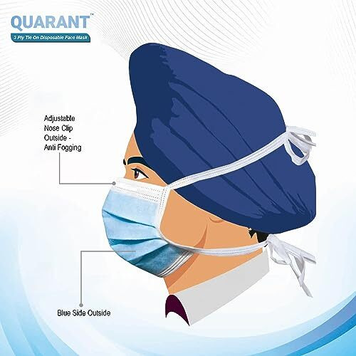 Quarant Meltblown Fabric 3 Ply Tie On Disposable Face Mask With Nose Clip (Blue, Pack Of 50) For Unisex