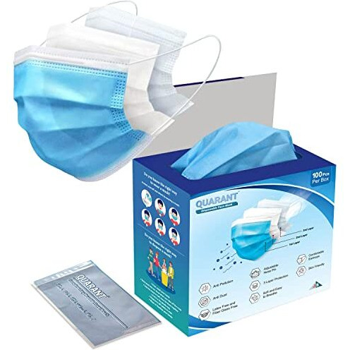 Quarant Melt Blown - Smms Fabric 3 Ply Disposable Face Mask With Nose Clip And Reusable Travel Pouch (Blue, Pack Of 100) For Unisex