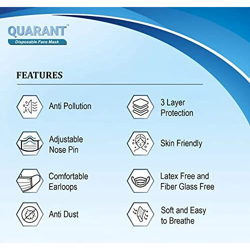 Quarant Melt Blown - Smms Fabric 3 Ply Disposable Face Mask With Nose Clip And Reusable Travel Pouch (Blue, Pack Of 100) For Unisex