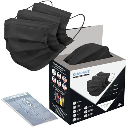 Quarant Meltblown - Smms Fabric 3 Ply Disposable Face Mask With Nose Clip And Reusable Travel Pouch (Black, Pack Of 100) For Unisex