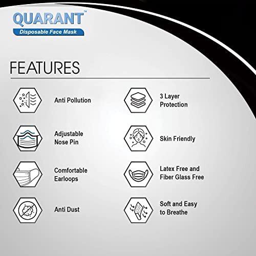 Quarant Meltblown - Smms Fabric 3 Ply Disposable Face Mask With Nose Clip And Reusable Travel Pouch (Black, Pack Of 100) For Unisex