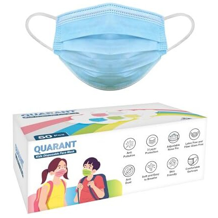 Quarant Meltblown Fabric Kids 3 Ply Disposable Face Mask With Nose Clip For Boys & Girls, Suitable For Children Aged 5 To 12 Years (Blue, Pack Of 50) For Unisex