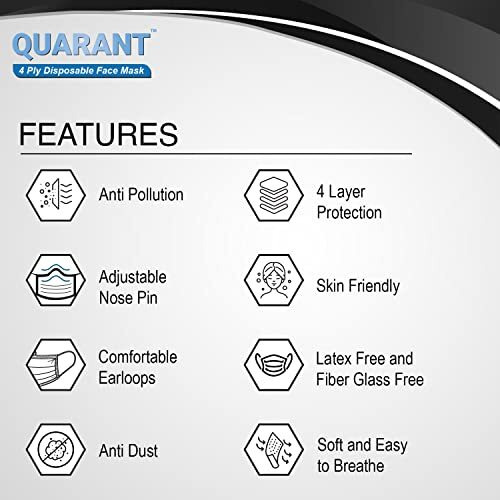 Quarant Meltblown - Dual Smms Fabric 4 Ply Anti Pollution Disposable Face Mask With Nose Clip And Reusable Travel Pouch (Black, Pack Of 100) For Unisex