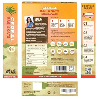 Tots And Moms Calcium & Fiber Rich - Ragi & Oats Instant Cereal Mix 200 G|No Sugar No Milk - Preservative Free - Travel Friendly|Healthy Porridge Mix For Kids