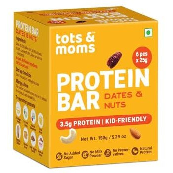 Tots & Moms Kids-Friendly Protein Bar  Dates & Nuts (25G X 6) | 3.5G Protein Per Bar | High Fibre & Gut-Friendly | No Refined Sugar Or Preservatives | 150G