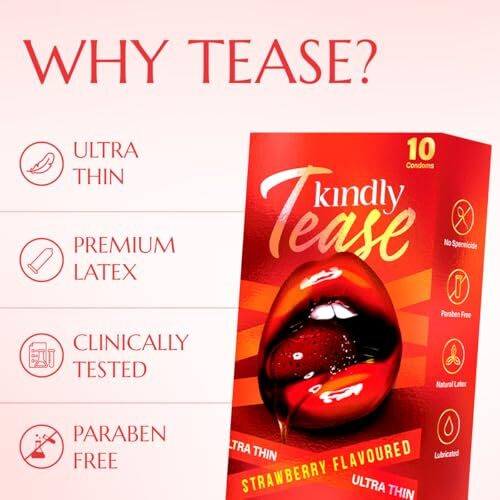 Kindly Tease Ultra Thin Strawberry Flavour Condoms For Men, Pack Of 10 -Extra Sensitive,0.05 Mm Thin For Skin Like Feel, Paraben Free, Safe & Comfortable Protection