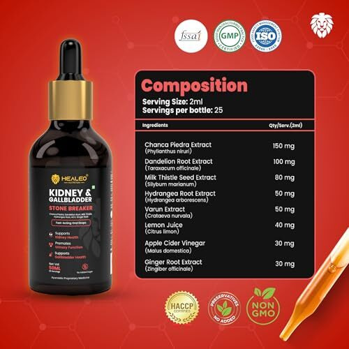 Healeo Kidney & Gallbladder | Chanca Piedra, Acv, Ginger, Dandelion Root | Kidney & Gallbladder Health | 50Ml - 25 Servings