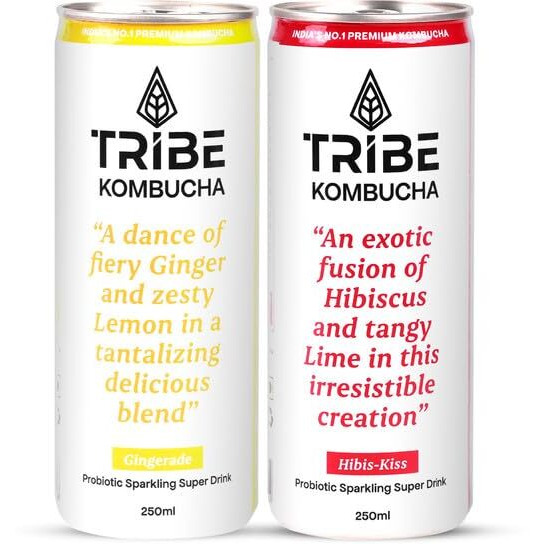 Tribe Kombucha Naturally Sparkling Probiotic Super Drink| Ginger,Hibiscus & Lemon | Gut Friendly | Gluten Free | Immunity Booster | Antioxidant And Hydration | 250 Ml (Gingerade And Hibiscus, 4)