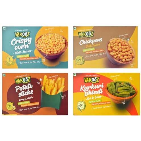 Vakooz Vacuum Cooked Healthy Snacks, 155G (Pack Of 4) | Potato Sticks Curry & Herbs Flavor 45G | Corn Challi Masala Flavor 40G | Bhindi Hot & Saucy Flavor 20G | Chickpeas Chilli Lemon Flavor 50G