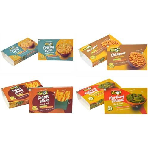 Vakooz Vacuum Cooked Healthy Snacks, 155G (Pack Of 4) | Potato Sticks Curry & Herbs Flavor 45G | Corn Challi Masala Flavor 40G | Bhindi Hot & Saucy Flavor 20G | Chickpeas Chilli Lemon Flavor 50G