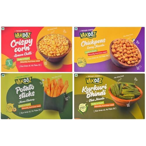 Vakooz Vacuum Cooked Healthy Snacks, 155G (Pack Of 4) | Potato Sticks Momo Chutney Flavor 45G | Corn Lemon Chilli Flavor 40G | Bhindi Chat Masala Flavor 20G | Chickpeas Curry Masala Flavor 50G