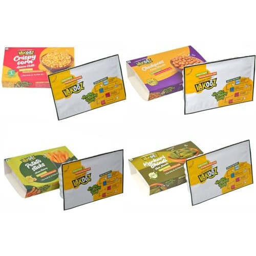Vakooz Vacuum Cooked Healthy Snacks, 155G (Pack Of 4) | Potato Sticks Momo Chutney Flavor 45G | Corn Lemon Chilli Flavor 40G | Bhindi Chat Masala Flavor 20G | Chickpeas Curry Masala Flavor 50G
