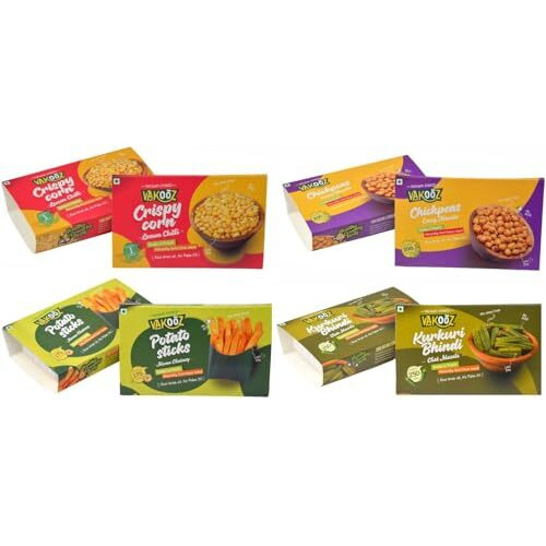 Vakooz Vacuum Cooked Healthy Snacks, 155G (Pack Of 4) | Potato Sticks Momo Chutney Flavor 45G | Corn Lemon Chilli Flavor 40G | Bhindi Chat Masala Flavor 20G | Chickpeas Curry Masala Flavor 50G