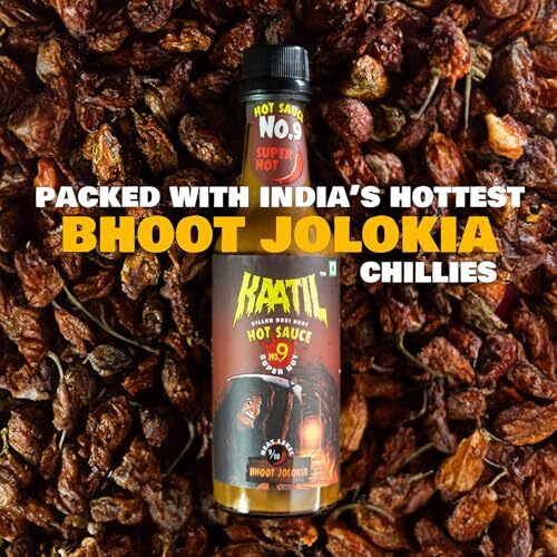 Kaatil Hot Sauce No. 9 | Super Hot Bhoot Jolokia Chilli Sauce | Works As A Dip, Spread, Marinade, Saute, Stir-Fry, Finishing Sauce | No Artificial Colours, Flavours | Made In India | Vegan | 200 Gms