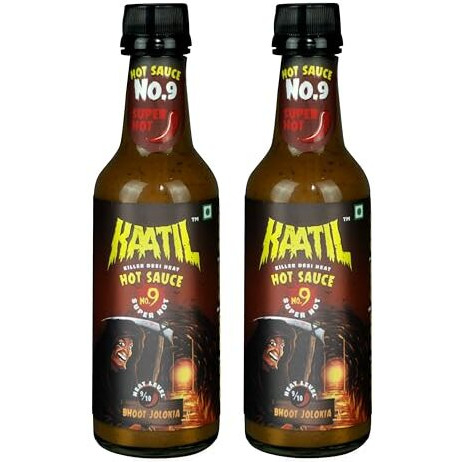 Kaatil Hot Sauce No. 9 - Pack Of 2 | Bhoot Jolokia Chilli Sauce | Works As A Dip, Spread, Marinade, Saute, Stir-Fry, Finishing Sauce | No Artificial Colours, Flavours | Made In India | Vegan | 400 Gms