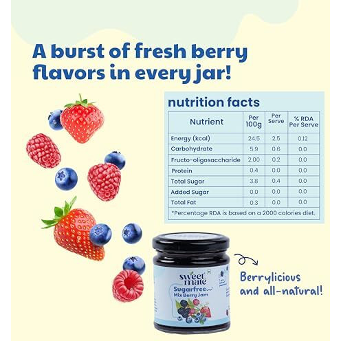 Sweetmate 100% Pure And Natural Sugar Free Mix Berry Jam - (220G) | With Real Fruits And 100% Natural | Diabetic And Keto Friendly Sweetened Naturally | Tastes Delicious