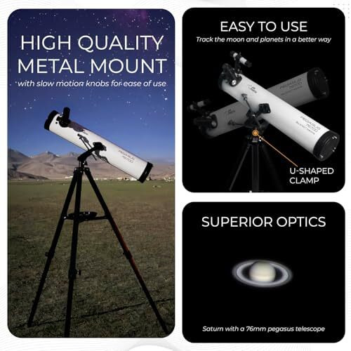 Pie Matrix Pegasus 76700 Newtonian Reflector Telescope With 235X Ultra Hd Zoom,Fully Coated Glass Optics,Alt-Az Mount, Professional Telescopes To Explore Moon, Saturn Rings, Planets & Deep Sky Objects
