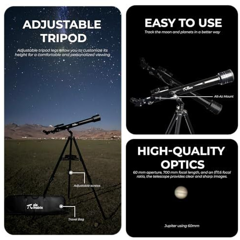 Pie Matrix Phoenix 60700 Astronomical Land & Sky Refractor Telescope With 175X Ultra Zoom,Fully Coated Glass Optics, Alt-Az Mount,Professionals To Explore Moon,Saturn Rings, Planets & Deep Sky Objects