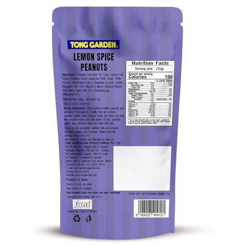 Tong Garden 65G Lemon Spice Peanuts | Bold & Crunchy Snack With Garlic, Chili, And Zesty Lemon Flavor | Healthy & Perfect Snack For Any Time - (Pack Of 6)