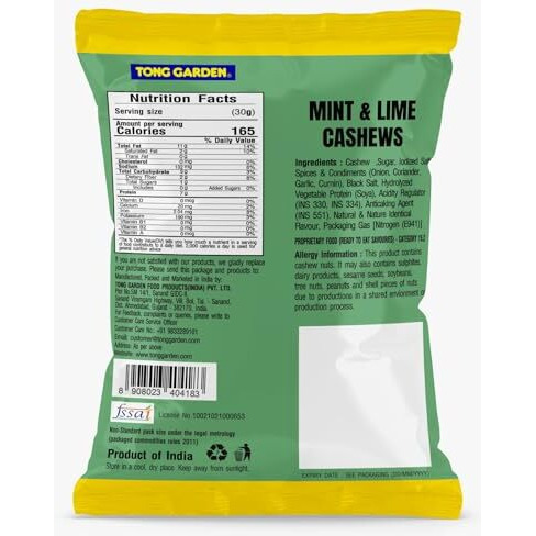 Tong Garden 30G Mint & Lime Cashew Nuts | Crunchy & Flavored Snack | Protein-Rich Healthy Nuts | Perfect For Snacking & Parties - (Pack Of 5)