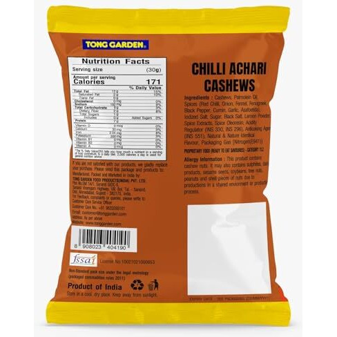 Tong Garden 30G Chilli Achari Cashews | Spicy & Tangy Cashews With Bold Seasoning | Protein-Rich Healthy Nuts | Perfect For Snacking & Parties - (Pack Of 5)