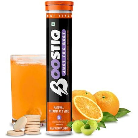 Boostiq Natural Zinc And Vitamin C Effervescent Tablets - For Energy Boost, Amla Extract Vitamin C Tablet For Glowing Skin Immunity, Skin Care Antioxidants, No Sugar (20 Count (Pack Of 1), Orange)