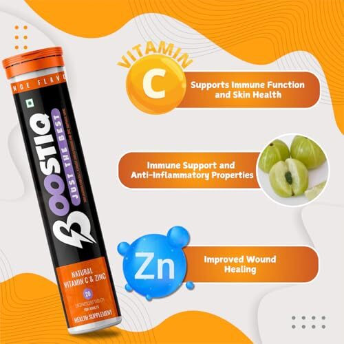 Boostiq Natural Zinc And Vitamin C Effervescent Tablets - For Energy Boost, Amla Extract Vitamin C Tablet For Glowing Skin Immunity, Skin Care Antioxidants, No Sugar (20 Count (Pack Of 1), Orange)
