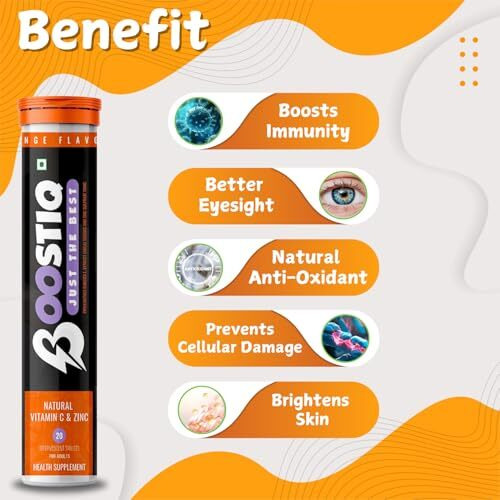 Boostiq Natural Zinc And Vitamin C Effervescent Tablets - For Energy Boost, Amla Extract Vitamin C Tablet For Glowing Skin Immunity, Skin Care Antioxidants, No Sugar (20 Count (Pack Of 1), Orange)