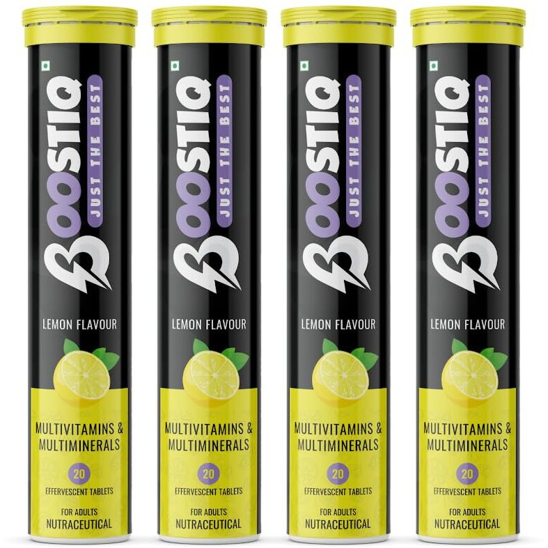 Boostiq - Immunity Essential Multivitamin Tablet For Men & Women, Effervescent Tablets - Multi Vitamin & Minerals With Vitamin C, D & Zinc For Health Energy, Stamina (20 Count (Pack Of 4), Lemon)