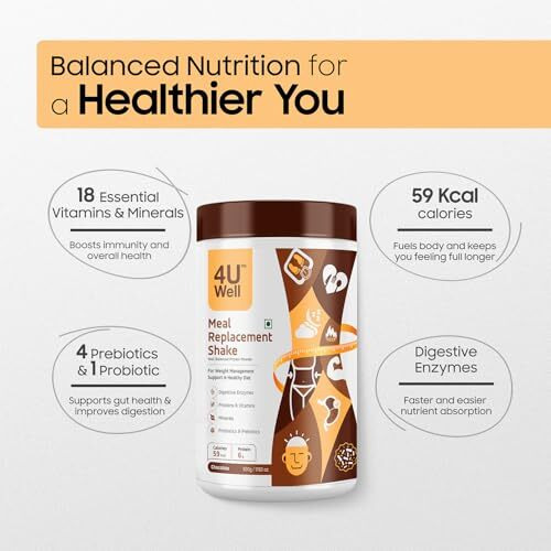 4Uwell Meal Replacement Shake For Weight Management & Control | Chocolate Flavour With 18 Essential Vitamins & Minerals | For Men & Women (30 Servings, 500G)