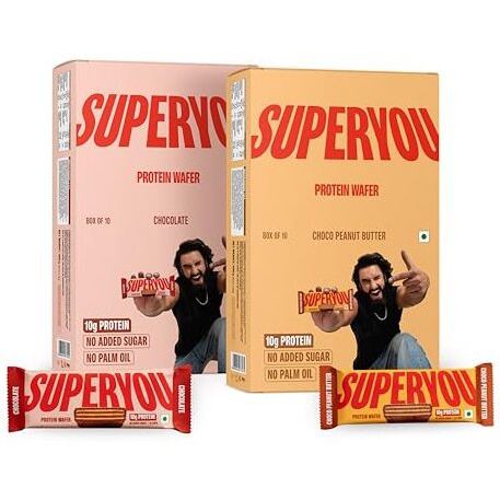 Superyou Chocolate Protein Wafer Bars (Pack Of 10) & Choco Peanut Butter (Pack Of 10)|10G Protein, 3G Fiber, No Added Sugar|Yeast Fermented Protein|Energy Bars|Crunchy Wafer Bar|100% Vegetarian|No Palm Oil|800G