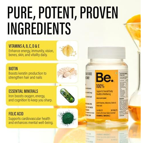 Be. 100% Multivitamin For Men & Women Supports Overall Energy & Improving Overall Health With Ingredients Daily Vitamins A, B, C, D & E, Biotin, Essential Minerals & Folic Acid | 30 Tablets For 30 Days