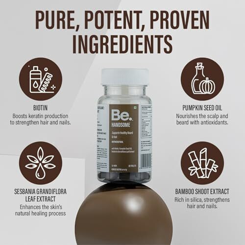 Be. Handsome For Enhanced Beard & Hair Growth For Men, Enhances Hair Growth, Reduces Hair Fall With With Ingredients Of Biotin, Pumpkin Seed Oil & Sesbania Grandiflora Leaf Extract | Travel Pack | 20 Tablets