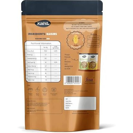 Kiniva 100% Pure Raisins 250G - Handpicked Long & Flavorful Kishmish, Rich In Potassium, Hygienically Packed, Natural, Healthy Snack, Perfect For Baking, Cooking, Or Snacking