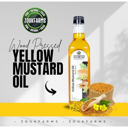 Zoukfarms Wood Pressed Yellow Mustard Oil 1 Litre | Slow Cold Pressed Using Lakdi Ghani/ Kolhu/ Chekko | Fresh, Healthy & Rich In Nutrients | A1 Grade Mustard Seeds | Chemical-Free | Unrefined With Natural Flavours | Low Cholesterol
