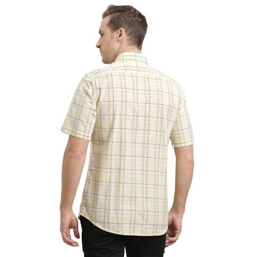 Turtle Men 100% Cotton Slim Fit Yellow Checkered Half Sleeve Casual Shirt