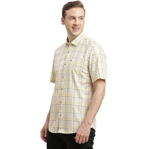 Turtle Men 100% Cotton Slim Fit Yellow Checkered Half Sleeve Casual Shirt