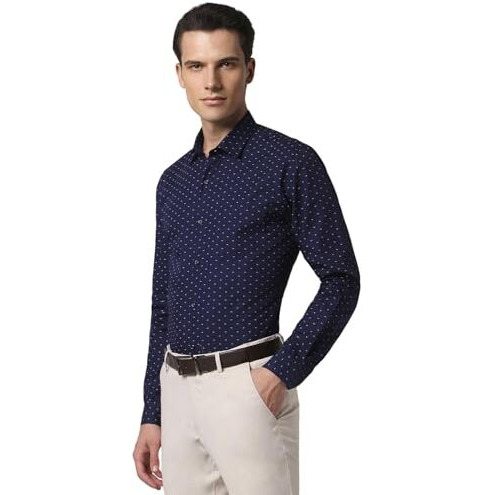 Peter England Slim Fit Small Ditsy Printed Full Sleeve Shirt Deep Navy