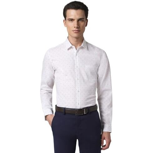 Peter England Men Cotton Slim Fit Small Ditsy Printed Full Sleeve Shirt White