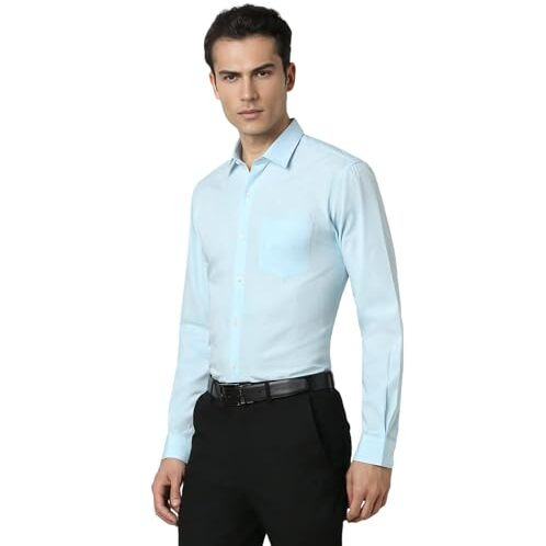 Peter England Men's Cotton Slim Fit Small Ditsy Printed Full Sleeve Shirt Aqua