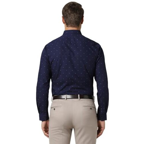 Peter England Men's Cotton Slim Fit Small Ditsy Printed Full Sleeve Shirt Navy