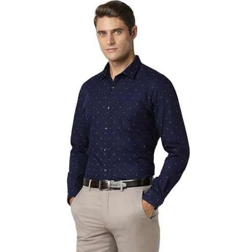 Peter England Men's Cotton Slim Fit Small Ditsy Printed Full Sleeve Shirt Navy