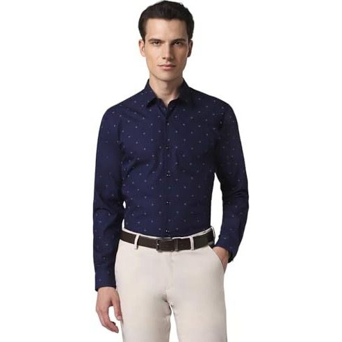 Peter England Men Cotton Slim Fit Small Ditsy Printed Full Sleeve Shirt Navy