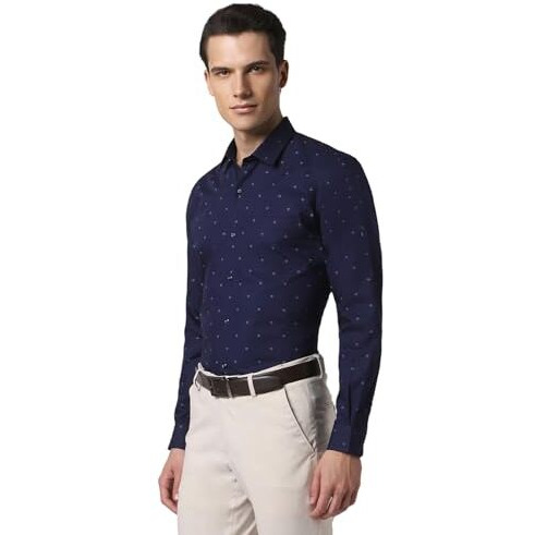 Peter England Men's Cotton Slim Fit Small Ditsy Printed Full Sleeve Shirt Navy