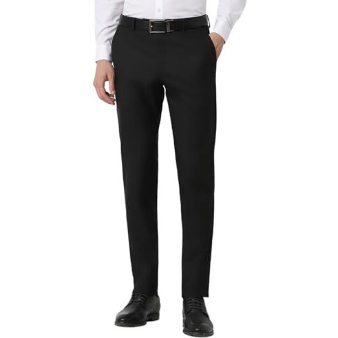 Peter England Men Slim Fit Premium Flat Front Mid Rise Trouser, Black, 30